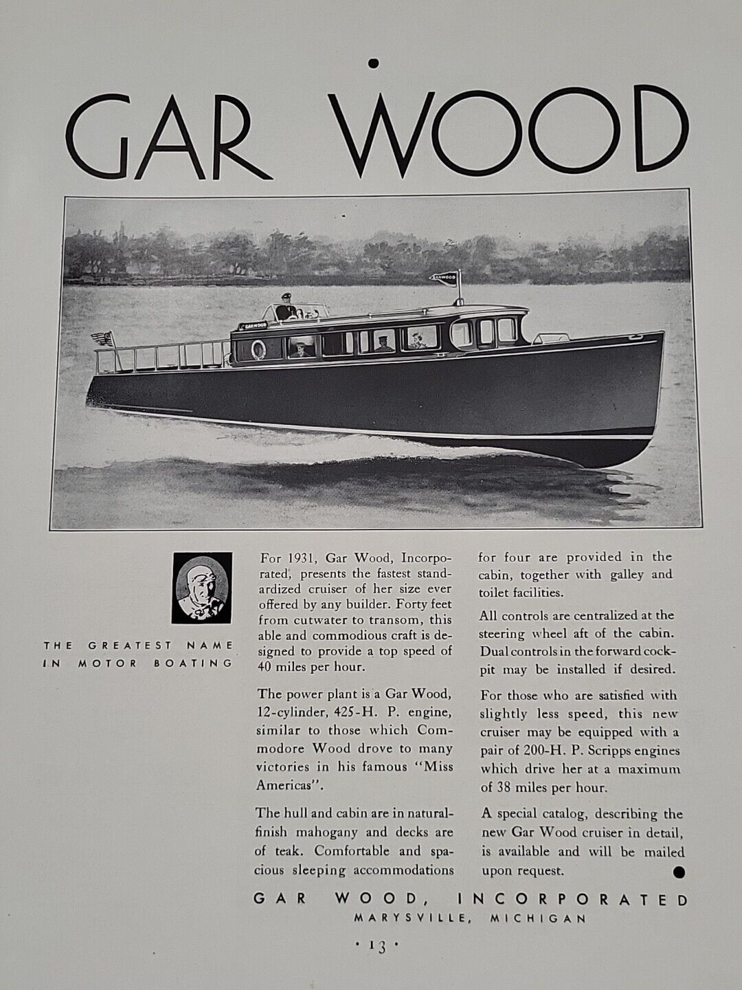 1931 Gar Wood Motor Boats Fortune Magazine Print Advertising Marysville, MI