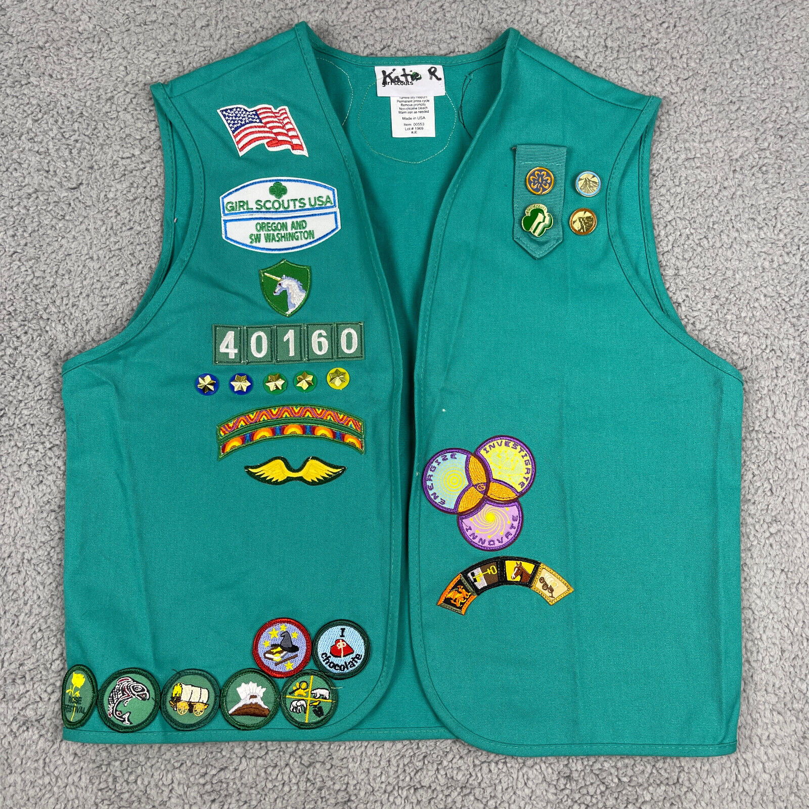 VTG 2000's Junior Girl Scout Green Vest With Patches & Pins Large (14-16)