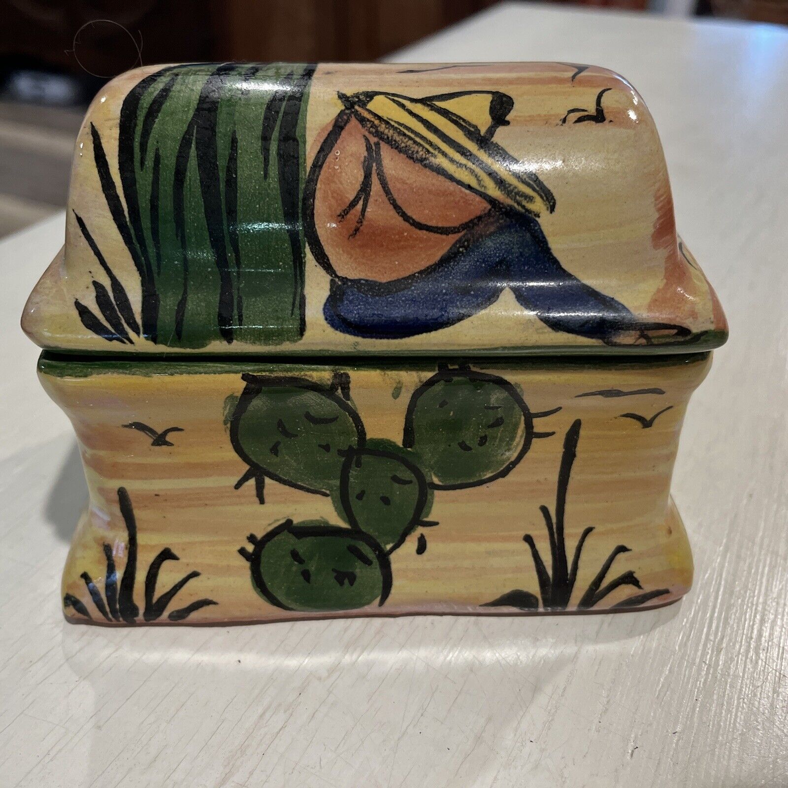 Vintage Folk Art Pottery Trinket Box Hand Painted & Signed AZ Mexico