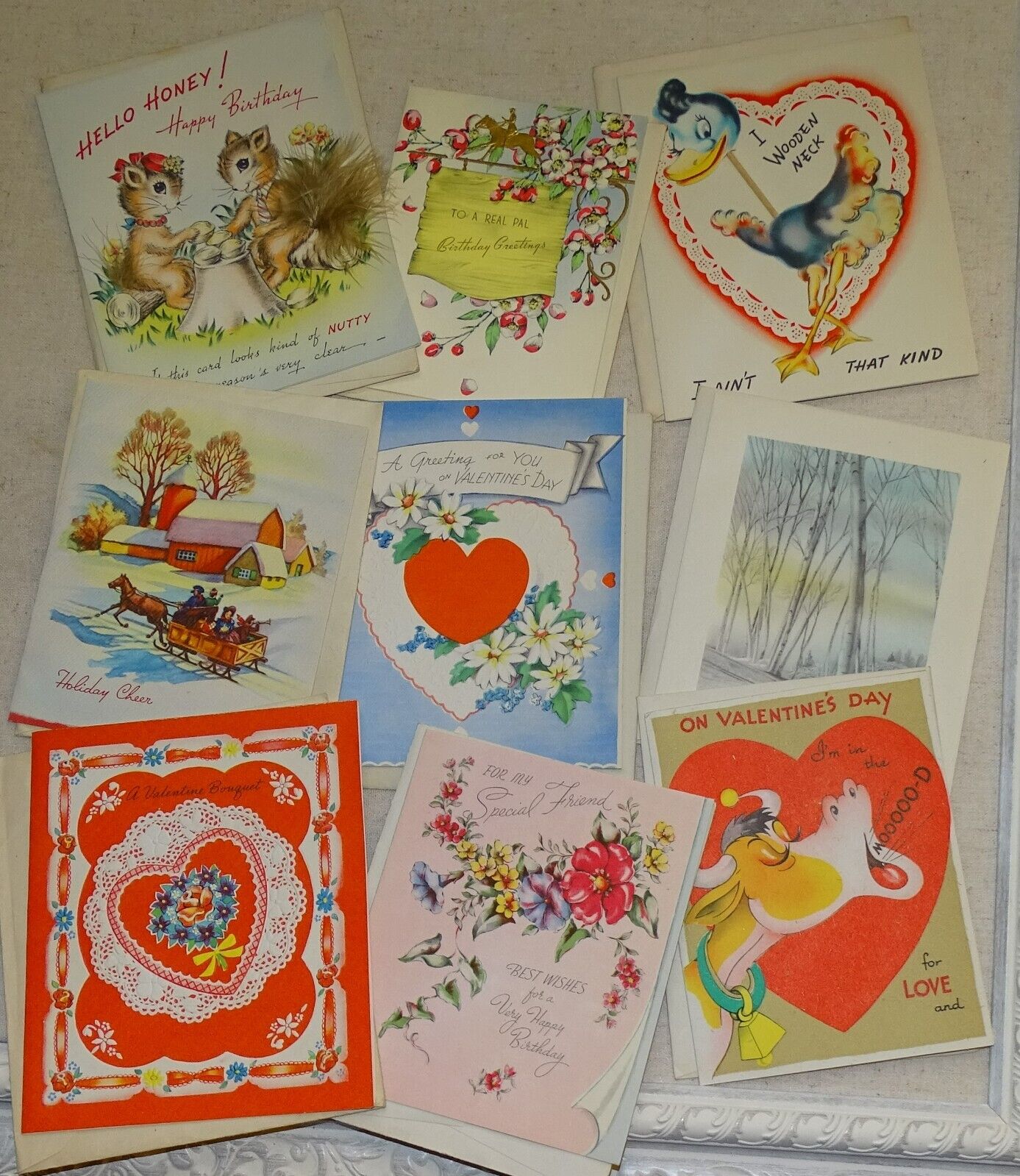 9 Greeting Cards in mailed envelopes 1943-45 WWII Era - Christmas Valentine +