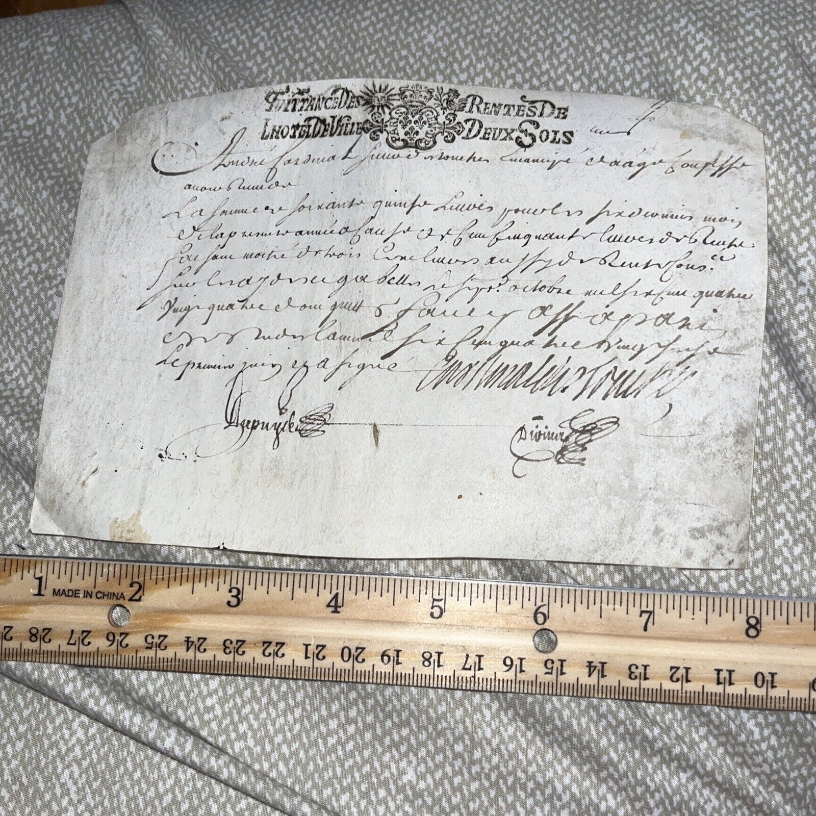 EXTREMELY Old Paper in French: Receipt of Rent? L’Hotel DeVille Hotel De Ville