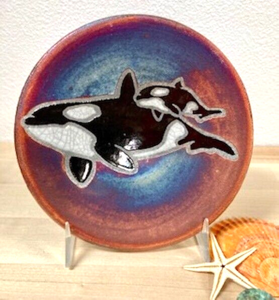 Art Pottery Small Collectible Display Plate -  Raku - Orca