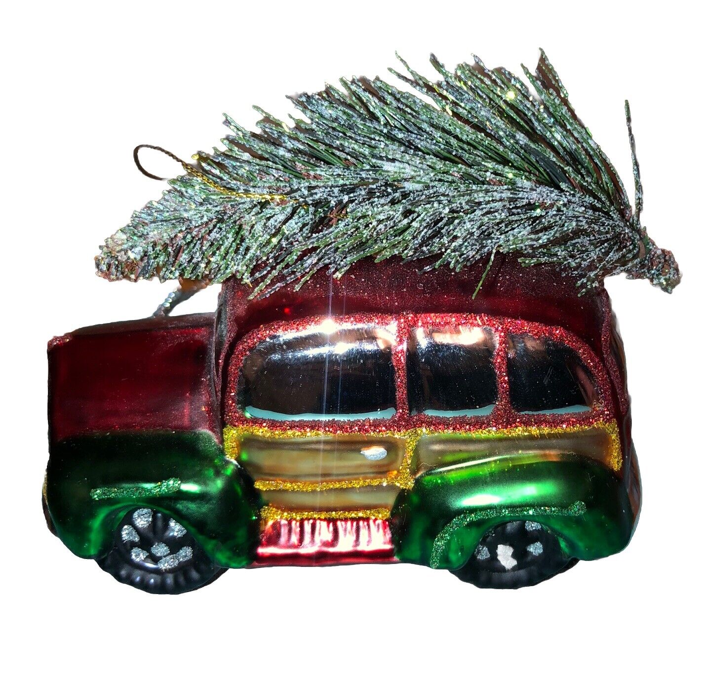 Hand Blown Glass Ornament Woody Station Wagon 4 1/2 Inches Long ￼