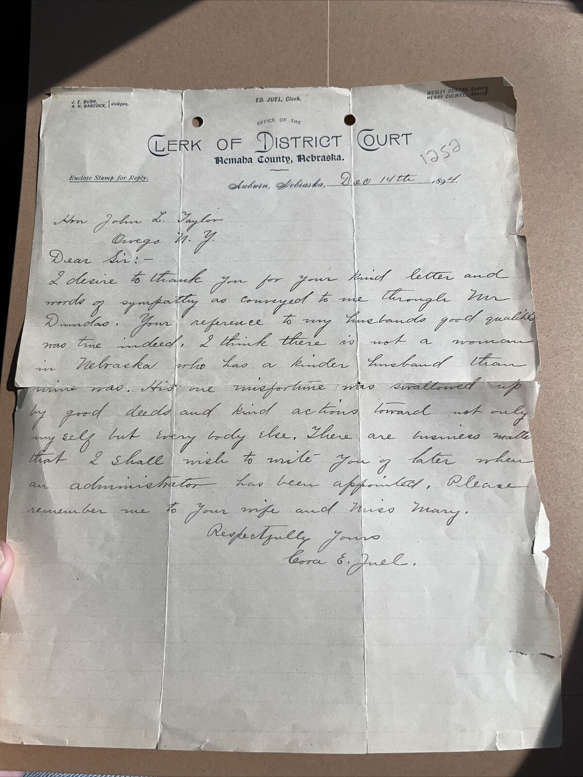 Antique 1894 Letter after Death of Nemaha County Nebraska Clerk Edward Juel