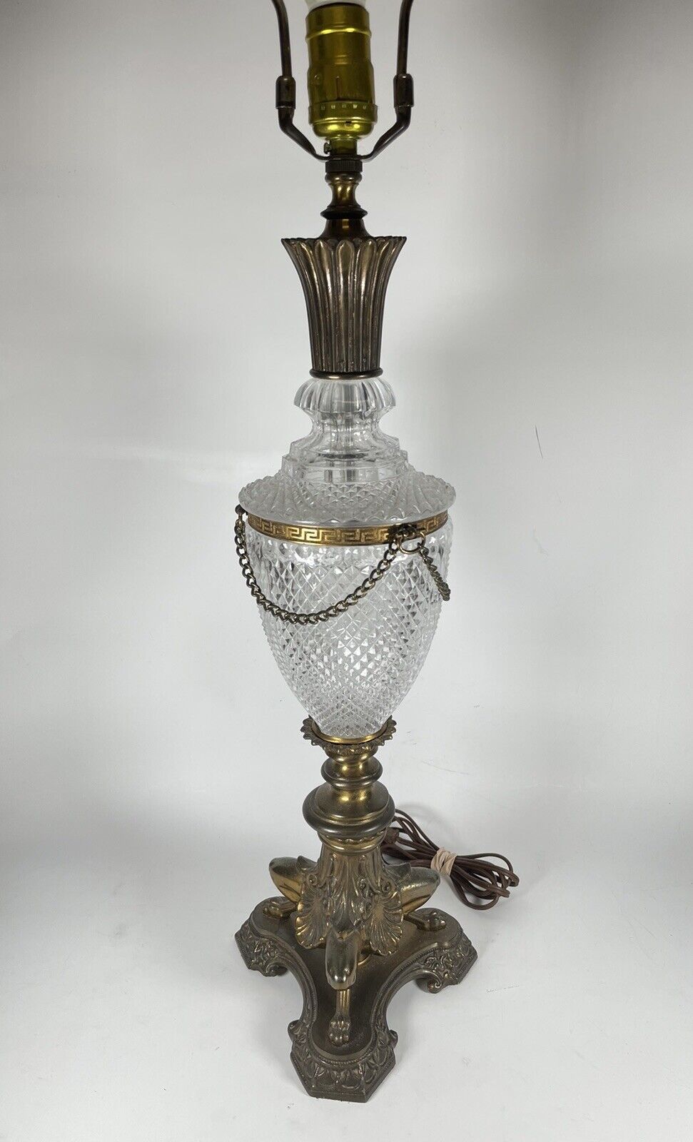 Vintage Bronze Fancy Art Deco Cut Crystal Chain Glass Table Lamp 34”