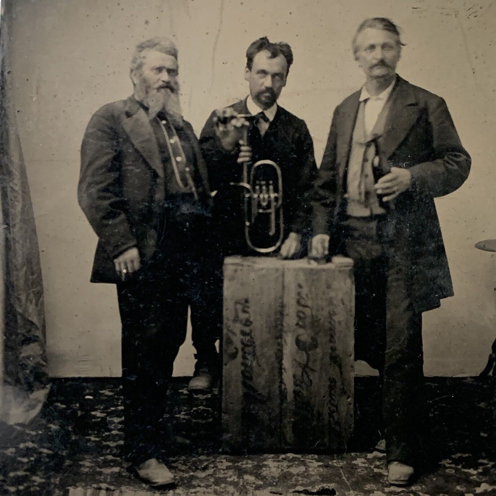 Antique Tintype Group Photograph Dapper Men Drinking Wine Horn Wood Crate Unique
