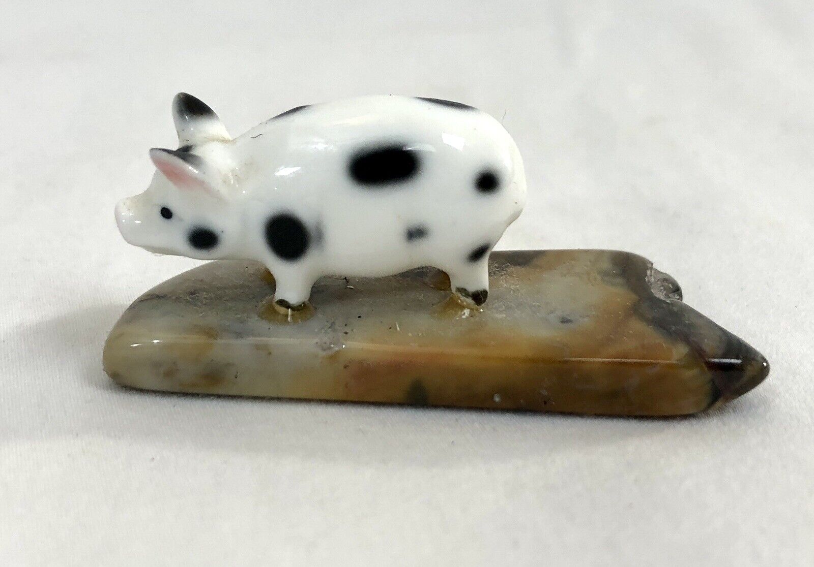 vintage Miniature Pig On Agate Stone Hand Painted porcelain 2.25”