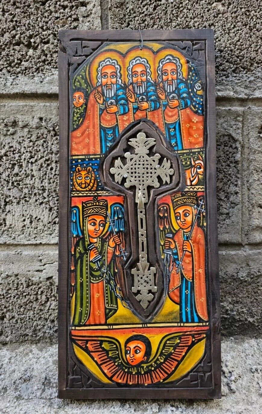Ethiopian Wooden Icon Cross Hand Painted African Art Christian Ethnic Orthodox 
