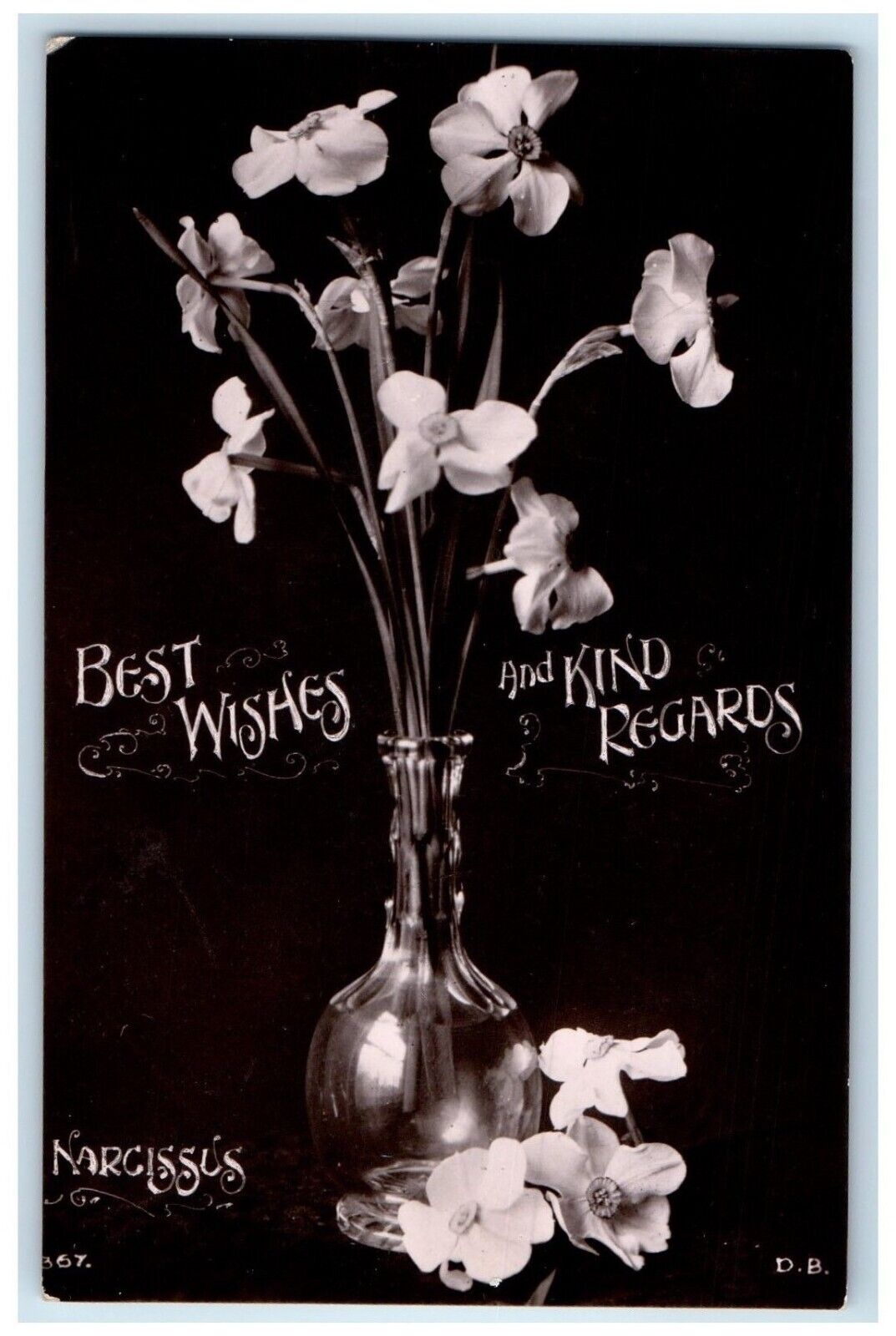 1908 Best Wishes And King Regards Flowers In Vase Still Life RPPC Photo Postcard