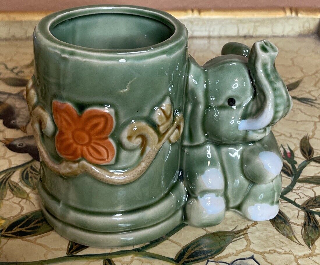 Elephant Majolica Glazed Green Planter Trunk Up Floral MCM Vintage