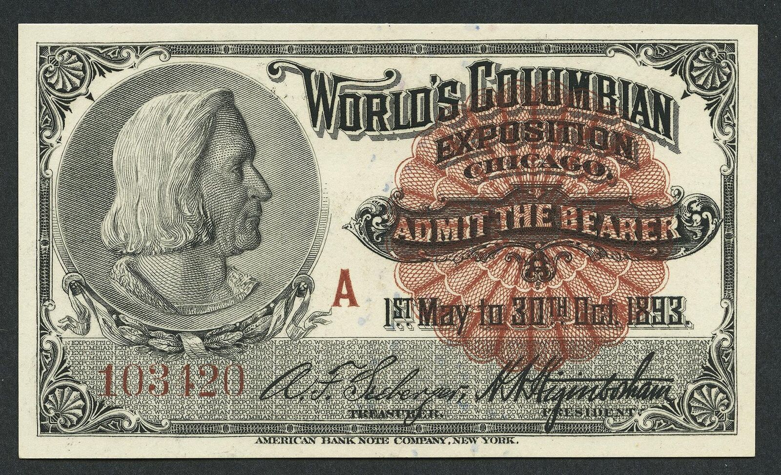 Dealer Dave Columbian Exposition 1893 COLUMBUS PORTRAIT TICKET PRISTINE (2239)