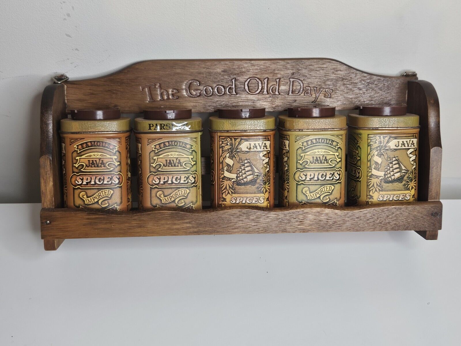 Vintage Tin Spice Containers On Wood Spice Rack