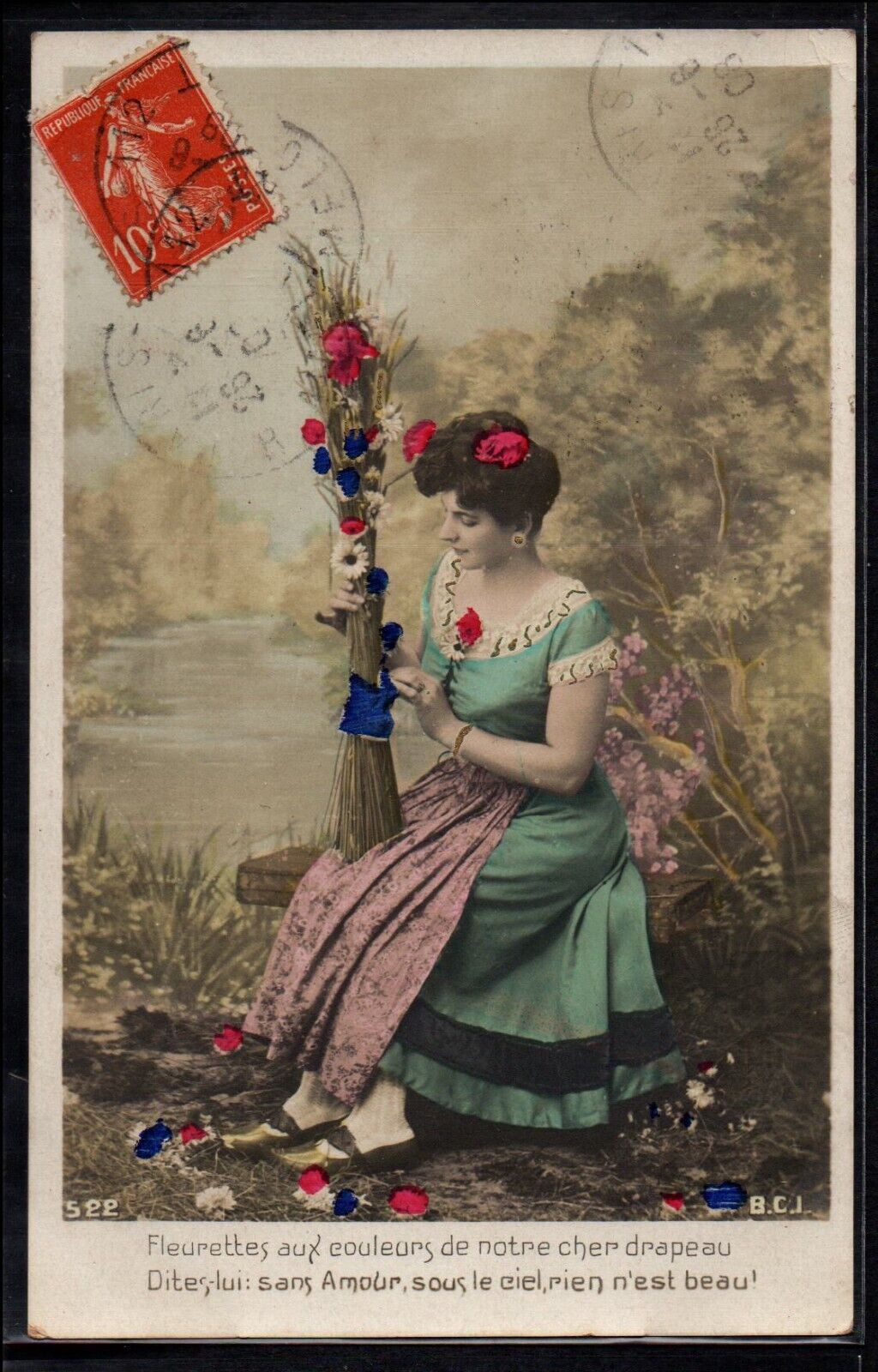 BT042 BEAUTIFUL LADY FLOWERS in the COLORS of FRENCH FLAG Tinted PHOTO pc 1908