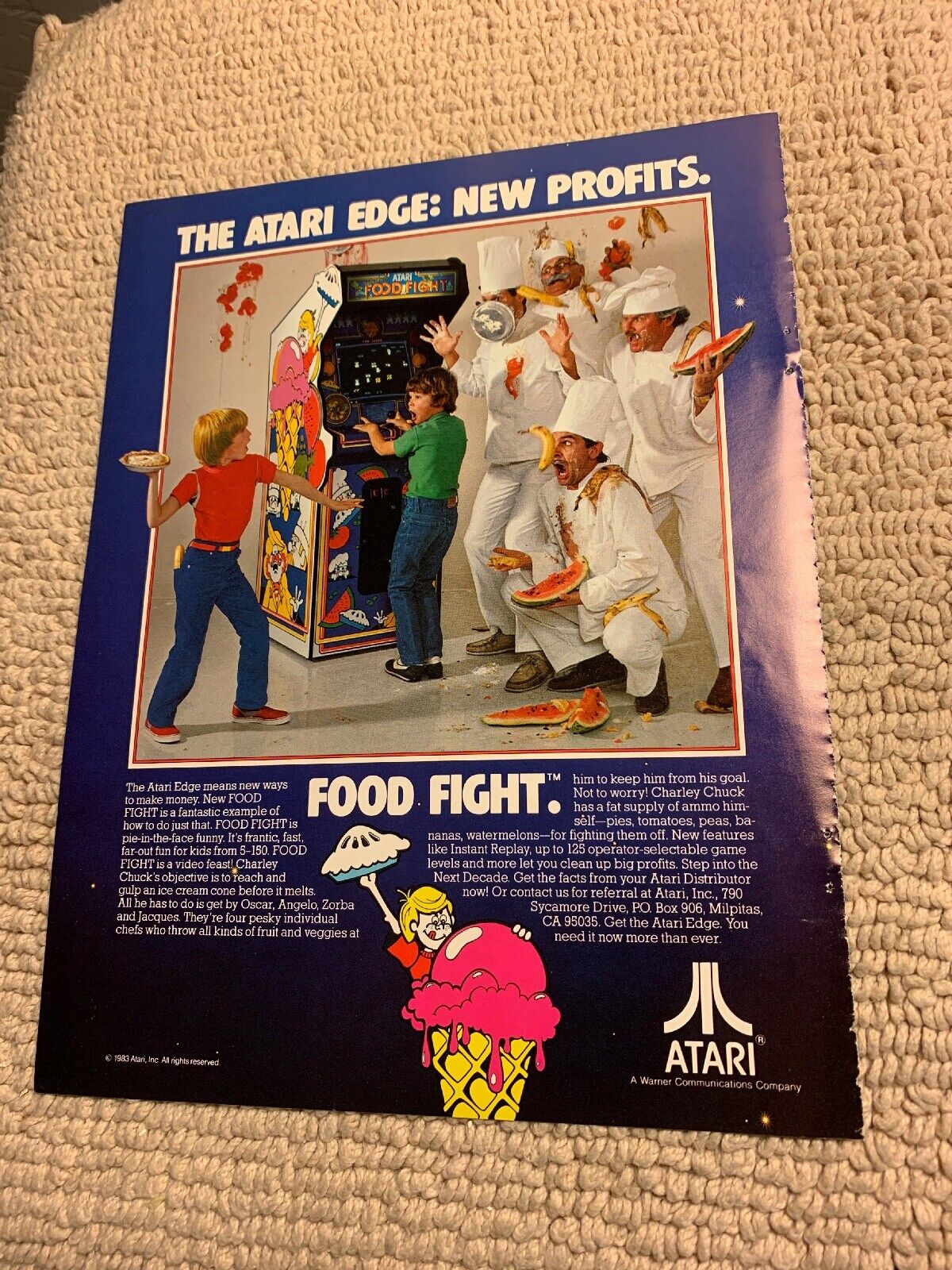 Original 1983  11- 8.5\'\' Food Fight All Blue Atari arcade video game AD FLYER