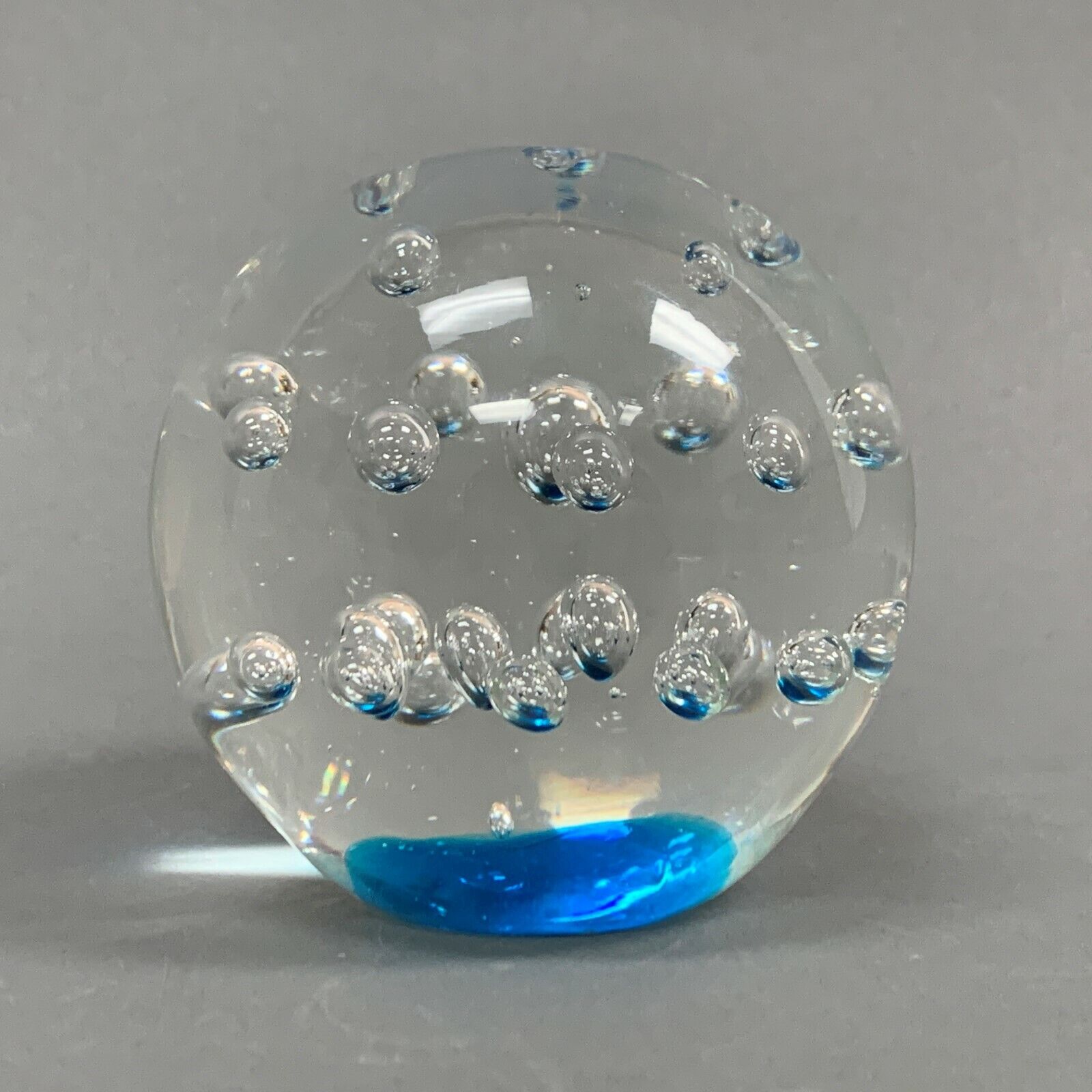 Clear Glass Blue Bubbles Round Paperweight 