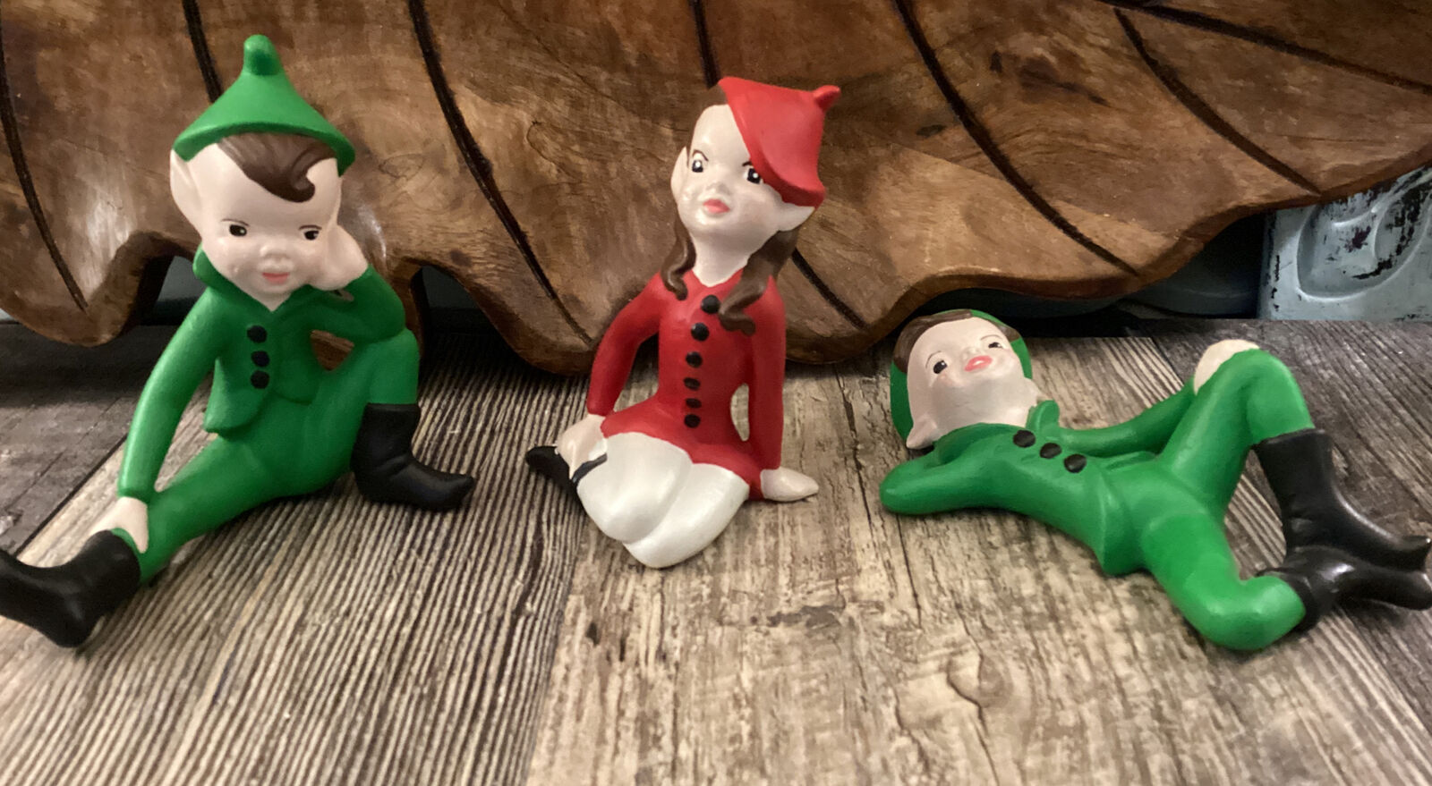 Rare Holiday Elf Trio Pixie  Elves Recline 1950's Retro style Ceramic Hand Paint