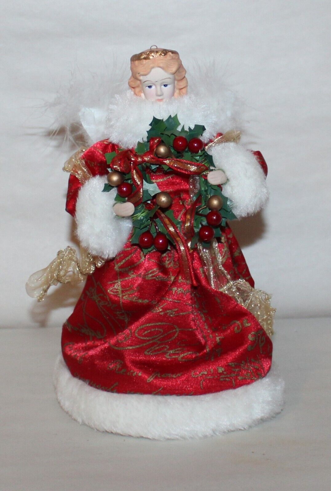 Promax Angel Christmas Tree Topper Hollow Cone Red Satin Gown Holding Wreath