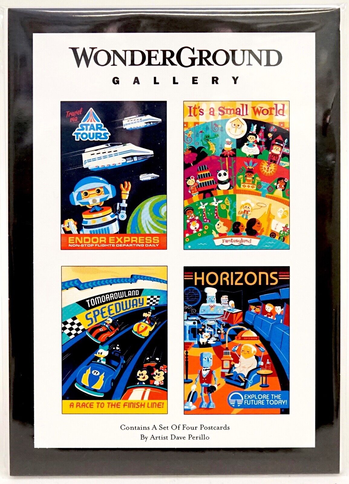 New Disney WonderGround Gallery Dave Perillo 5 x 7 Postcard 4 Set Attractions