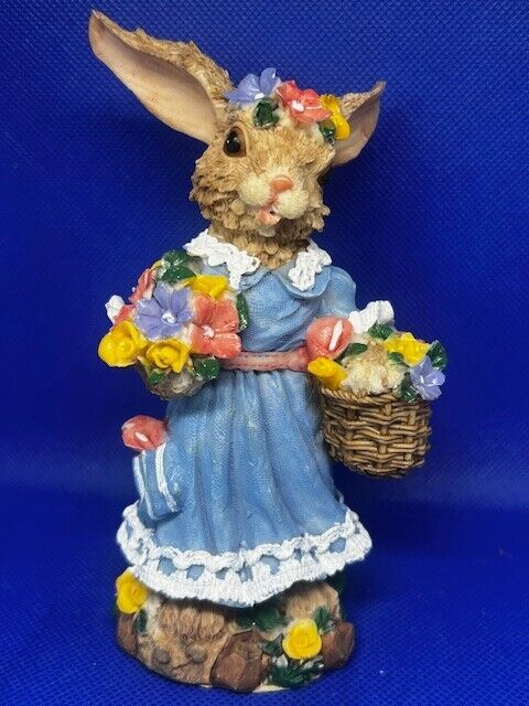 Vintage Easter Bunny Rabbit Flower Basket Boquet Blue Dress Figurine