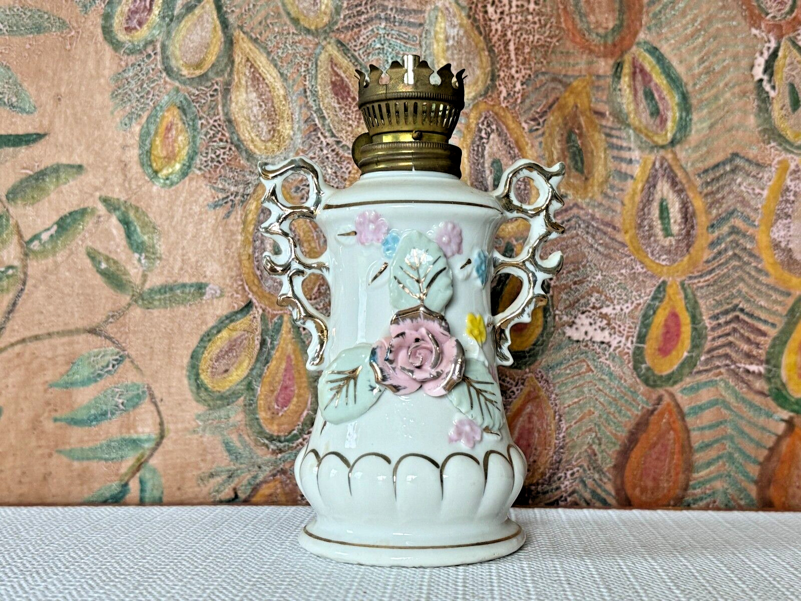 Vintage Victorian Floral Elvin Oil Lamp Base - Japan