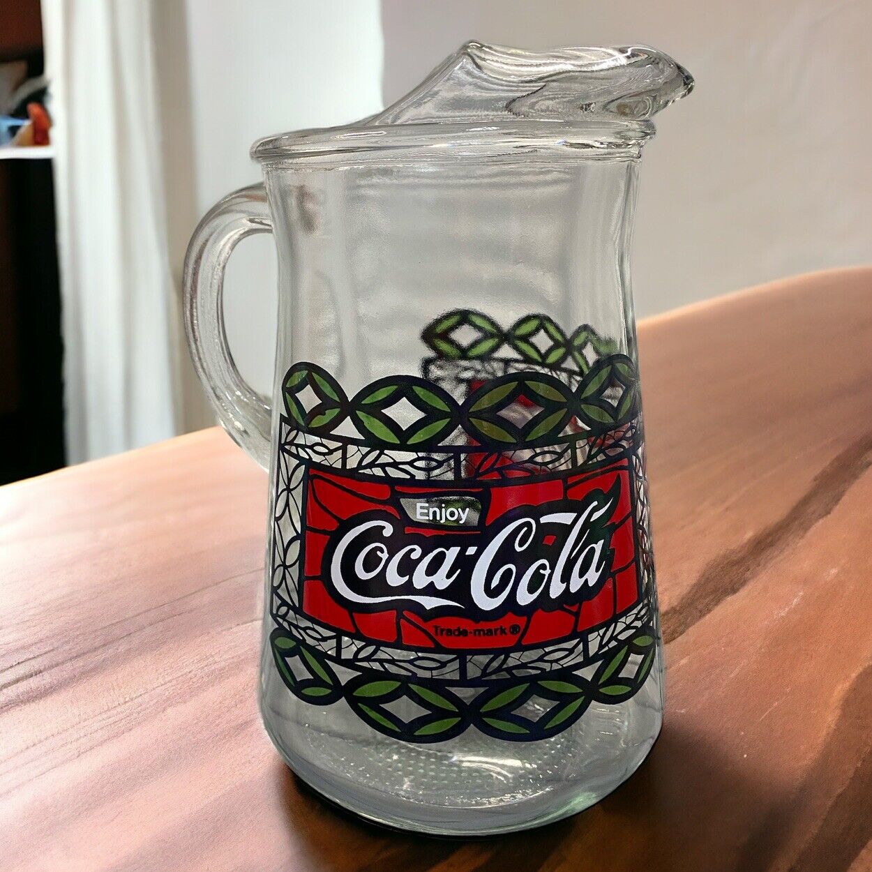 Vintage 1970s 9-Inch Coca-Cola Large Pitcher Stained-Glass Design Nostalgia