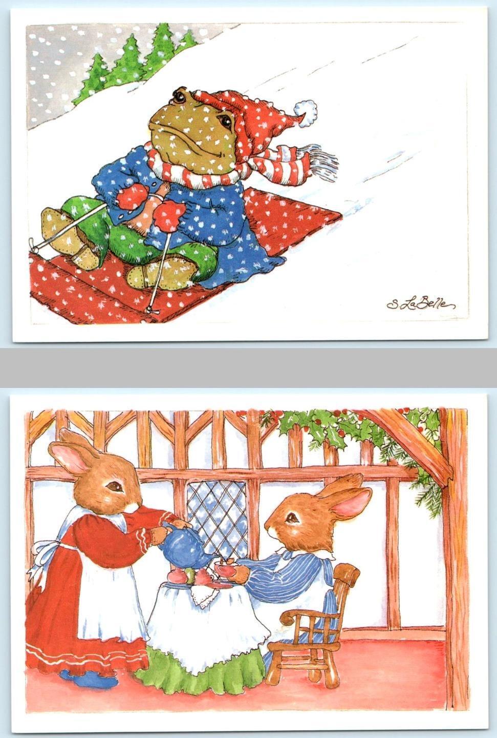 2 Postcards DRESSED RABBITS & FROG CHRISTMAS 1988 Susan Whited LaBelle Art 4\