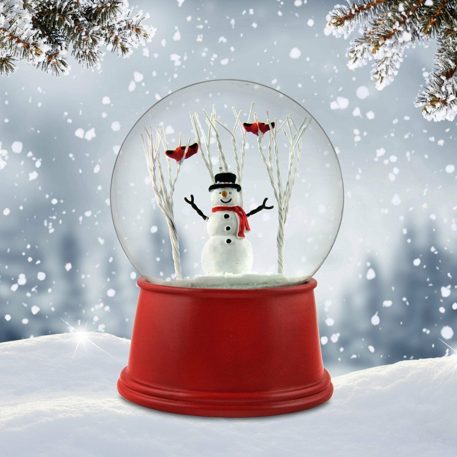 Snowman with Cardinals on a Tree Snow Globe San Francisco Music Box