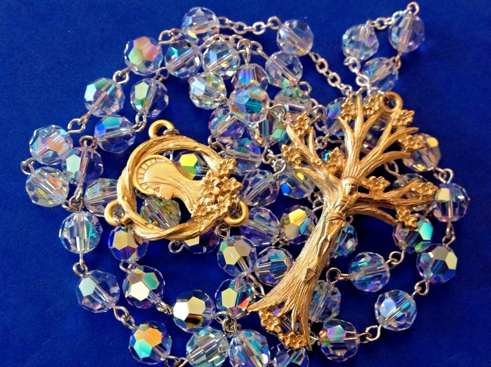 Custom SWAROVSKI Crystal Rosary Gold Plated Dogwood Tree Handmade 8mm