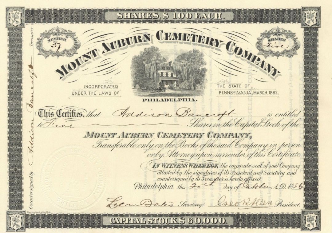 Mount Auburn Cemetary Co. - Stock Certificate - General Stocks