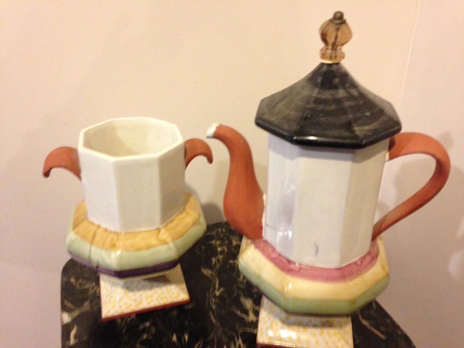 Set of 2 Mackenzie Childs Torquay Coffeepot Teapot Urn Victoria Richard 3 stripe
