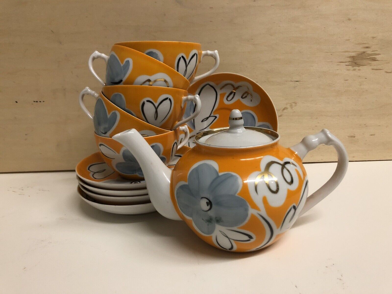 Vintage Russian Soviet porcelain tea set orange flowers Dulevo 11 pieces