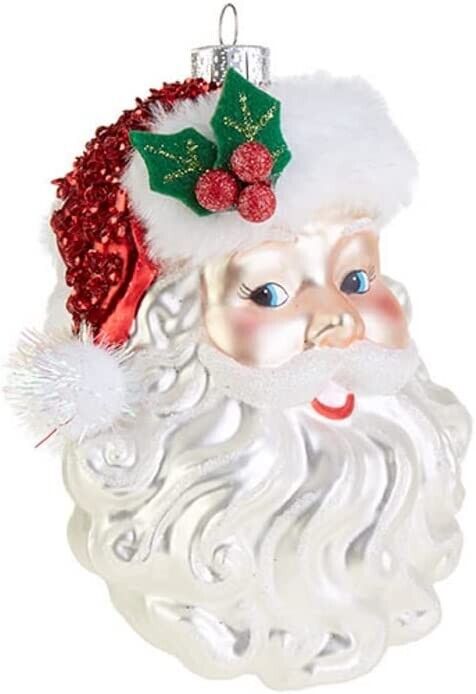 Santa Claus Face Glass Christmas Tree Ornament, 5 Inch, Holiday 