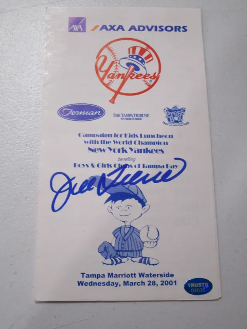 Joe Torre of the NY Yankees signed autographed program TAA COA 035