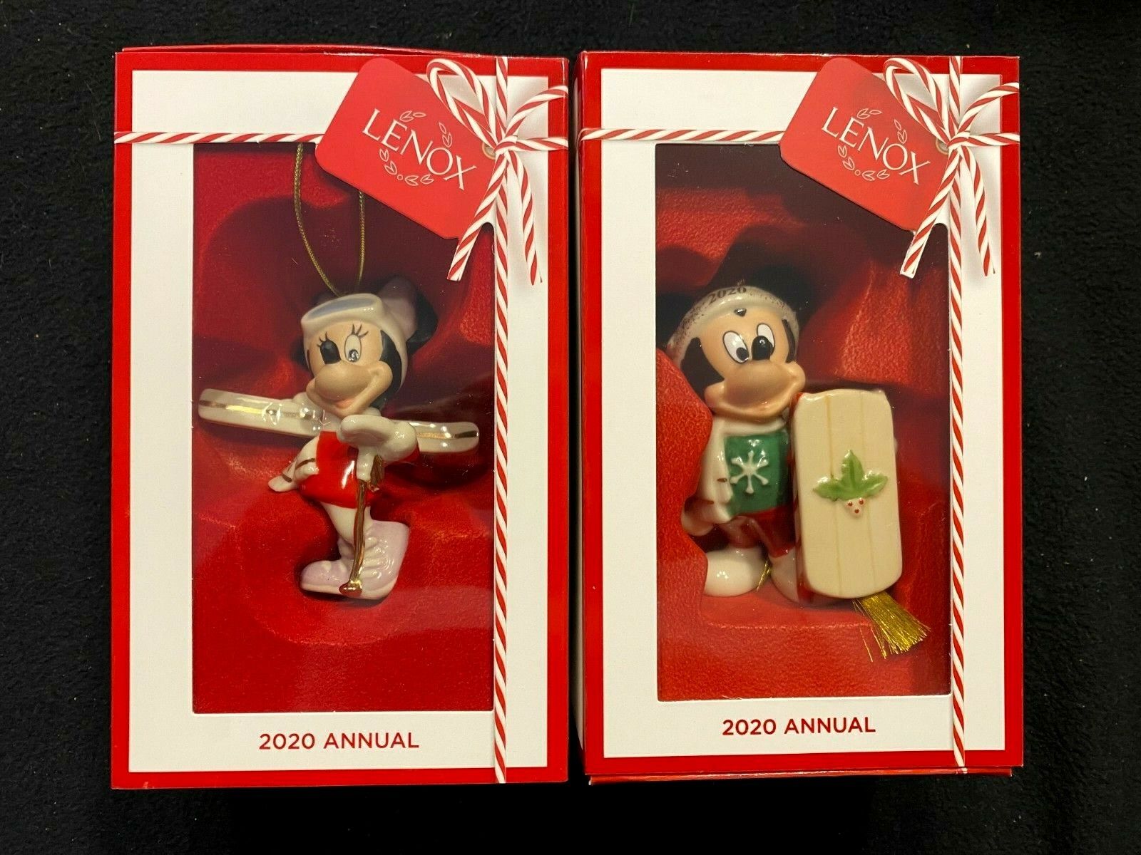 2020 Lenox Disney Showcase Christmas Ornaments Set Mickey Minnie Skiing Sledding
