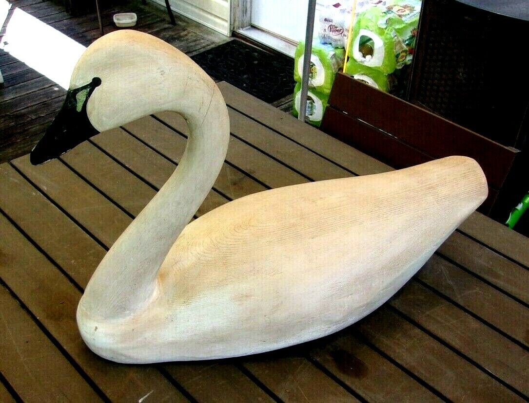 Vintage Carved Wood White Swan Duck Decoy Unknown Maker And Origin 29 x 20 x 12