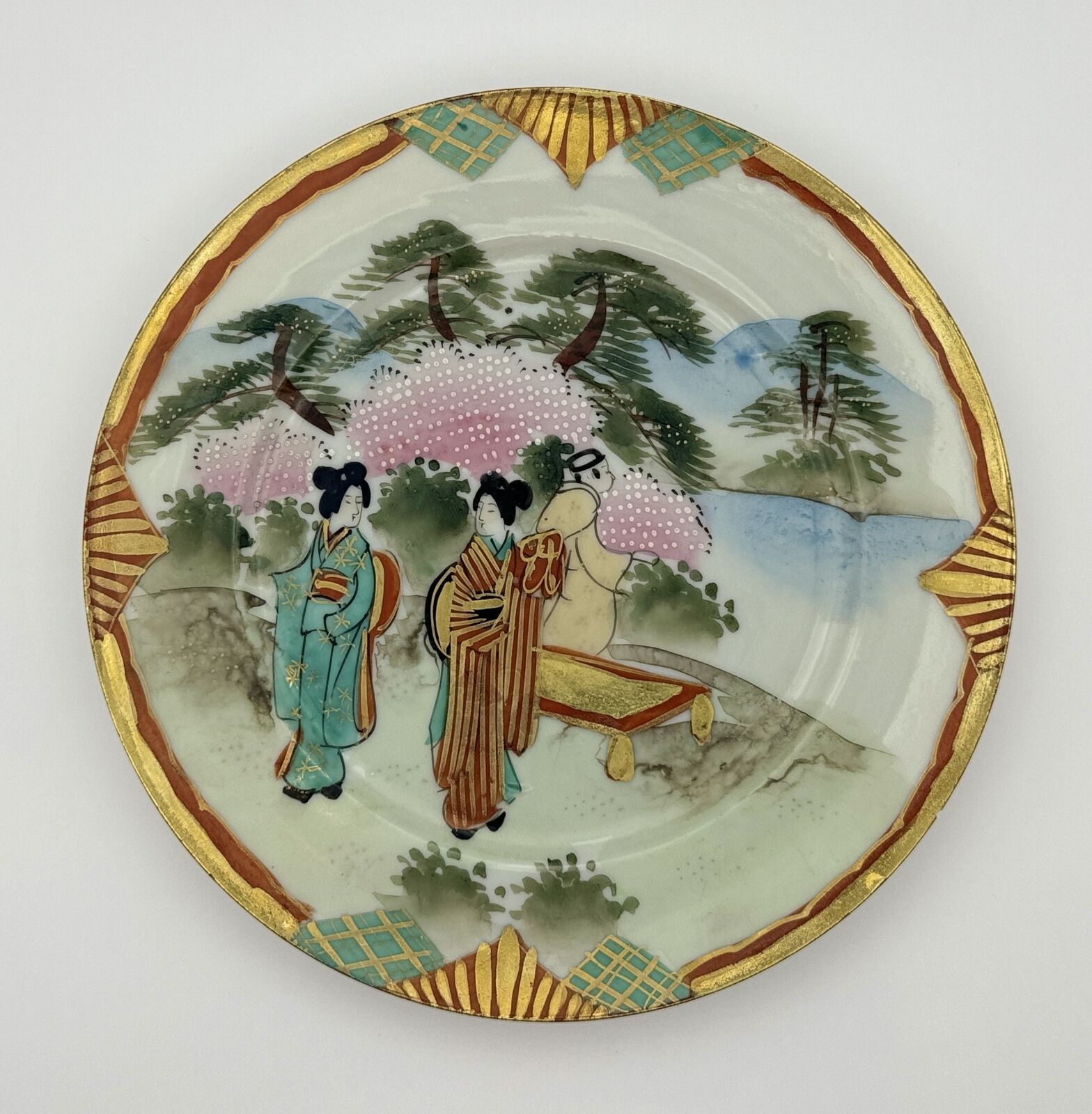 Hand-Painted Nippon Plate with Geisha Design and Gold Trim