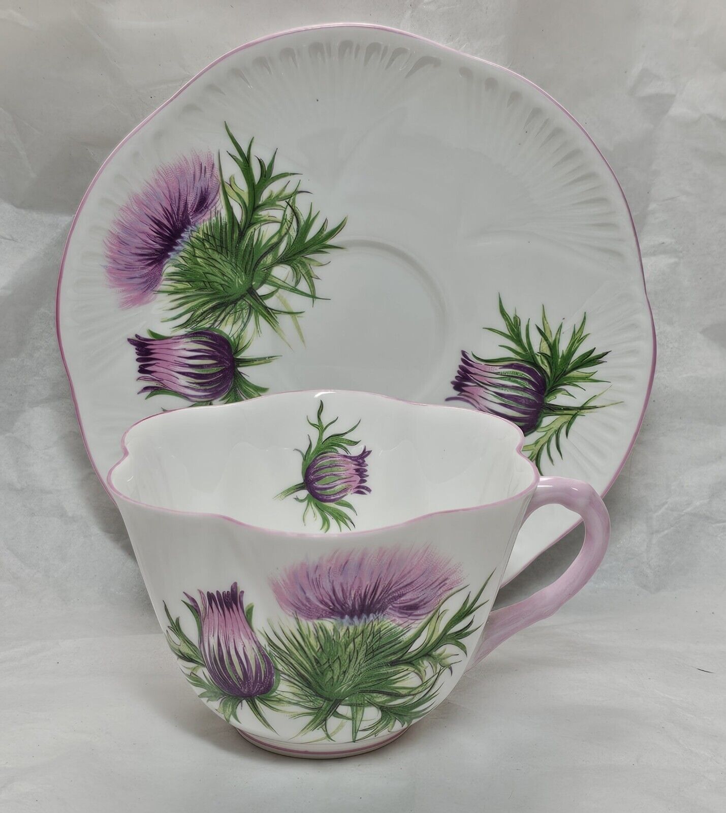 Vintage Teacup And Saucer Shelley Bone China England Thistle 13820 Signed