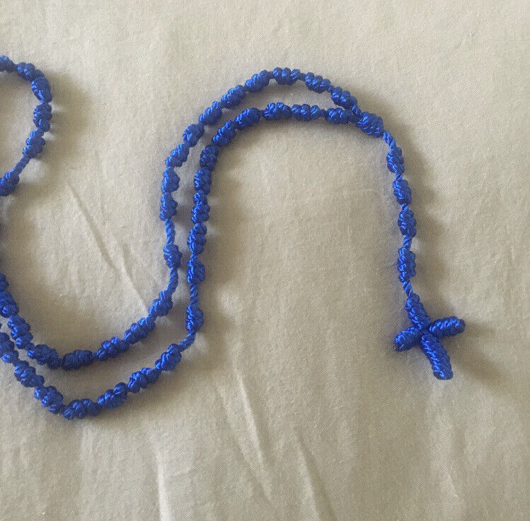 Blue Knotted Cord Rosary Necklace Rosario With Cross Handmade