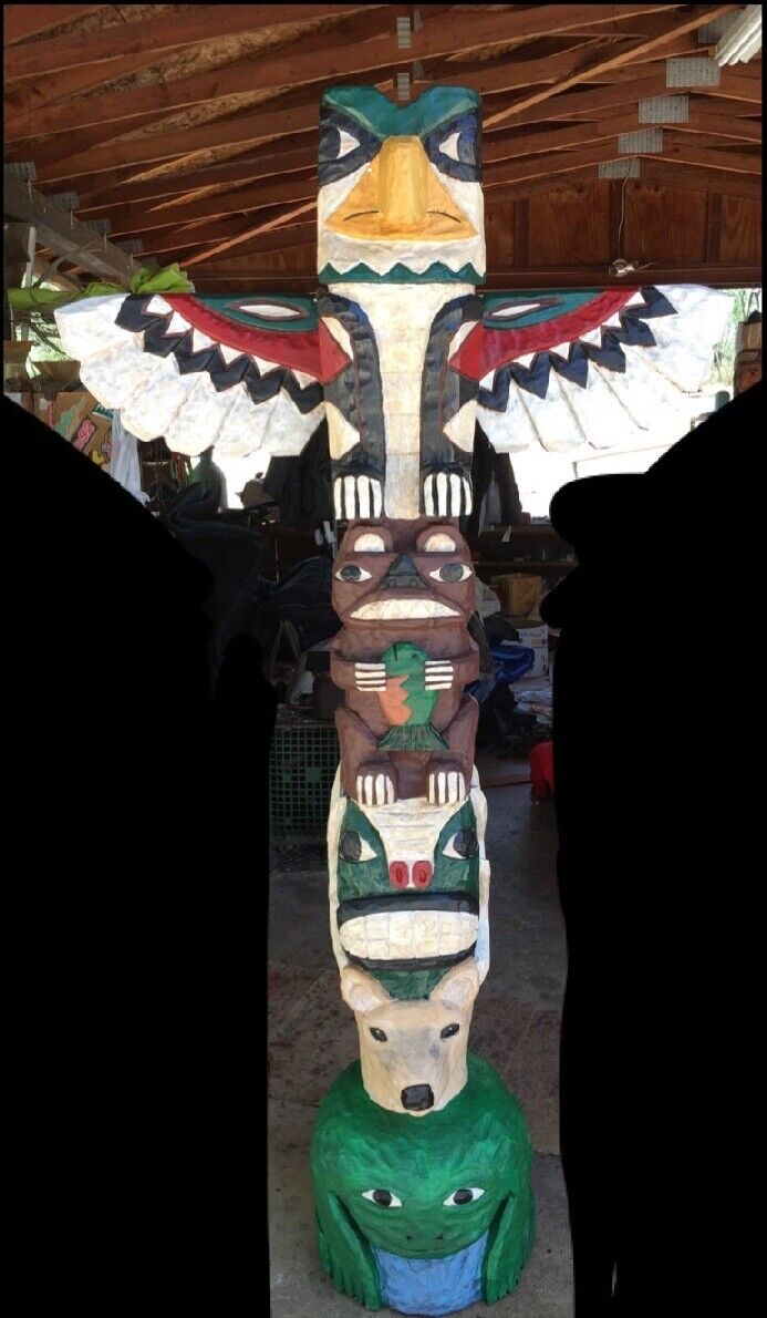 6 Ft EAGLE TOTEM POLE w ANIMAL FACES 6\' Wooden Sculpture by Frank Gallagher
