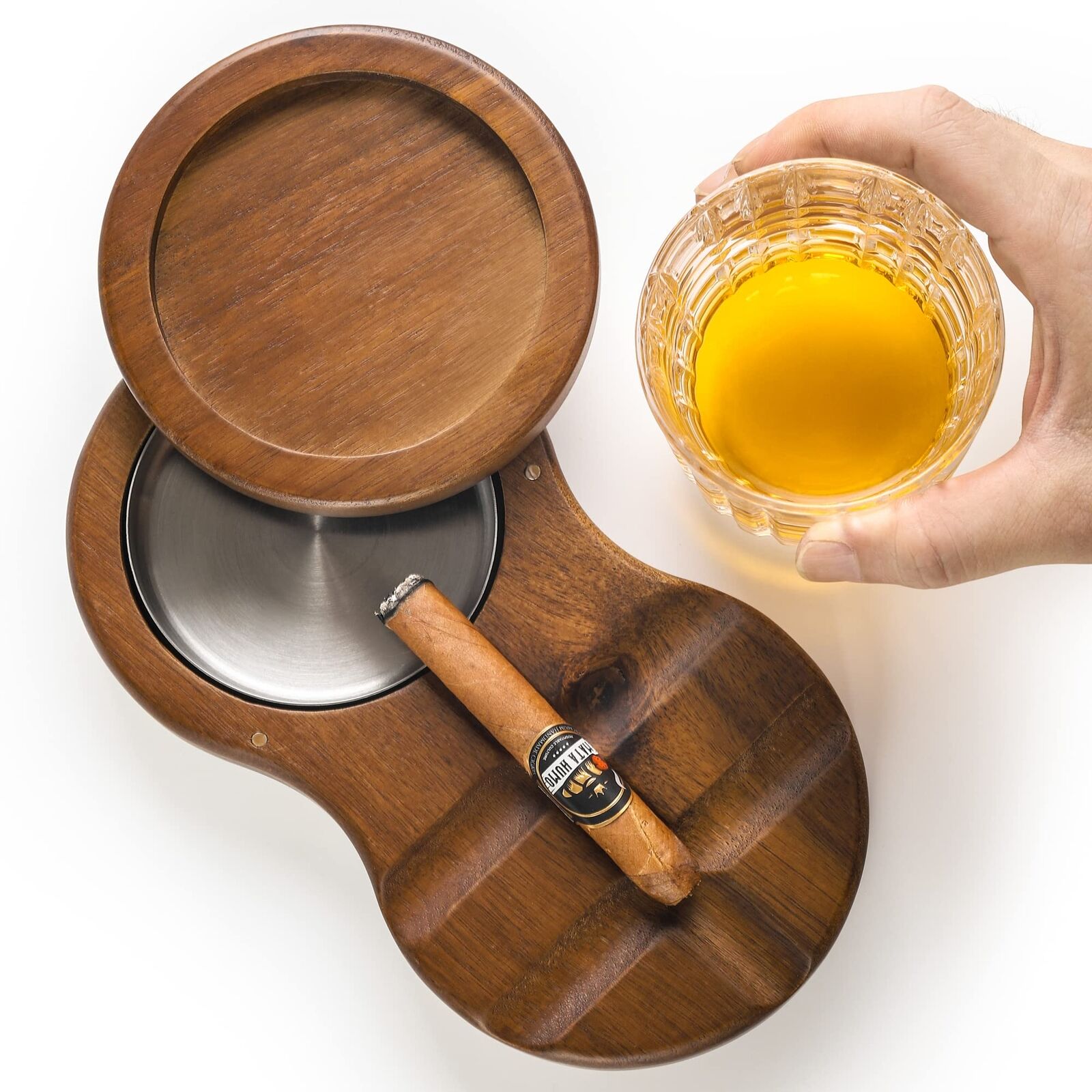 Wooden Cigar Ashtray Coaster Whiskey Glass Tray & Revolving Cigar Ash Tray wi...