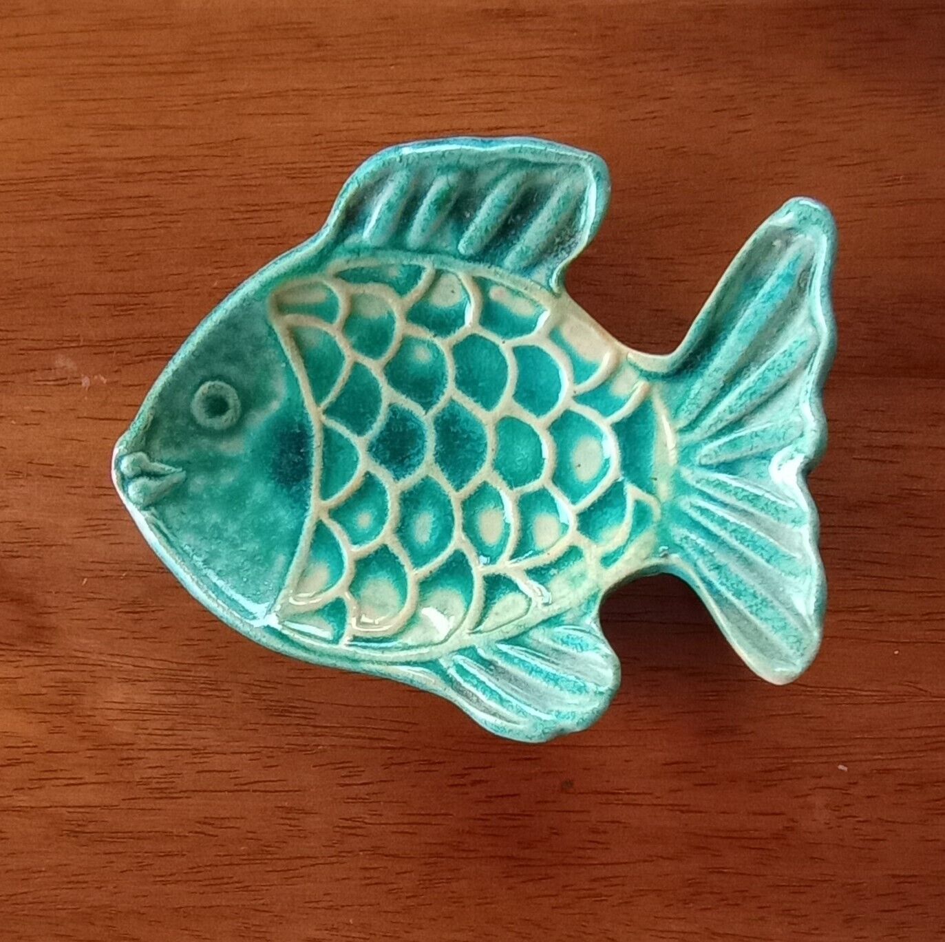 Plate Fish Dish Green Art Pottery Signed Vtg 80s Trinket Tray Keys Coins Rings
