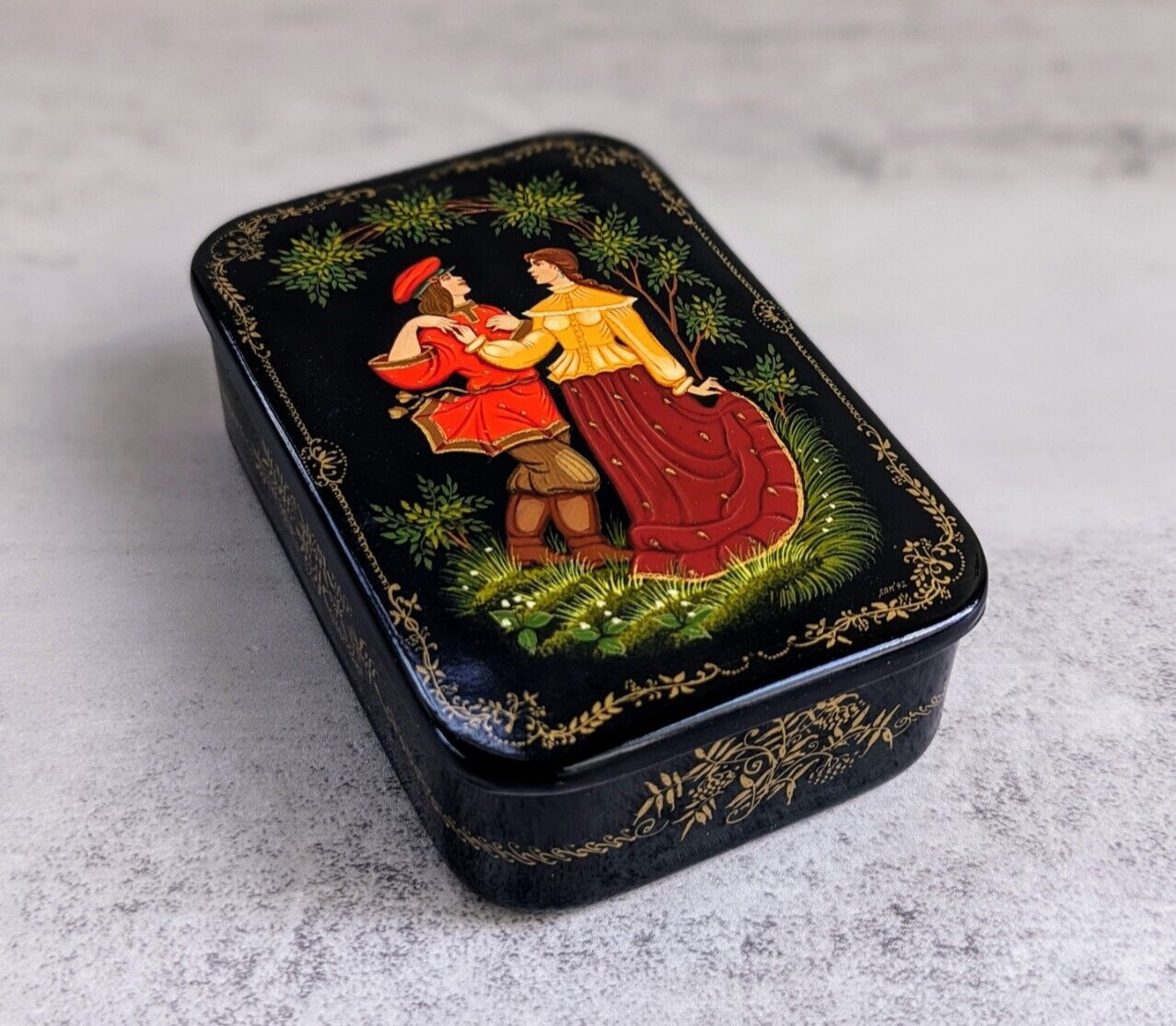 Vintage Russian Lacquer Hand Painted Metal Box, Red Interior, Signed & Dated