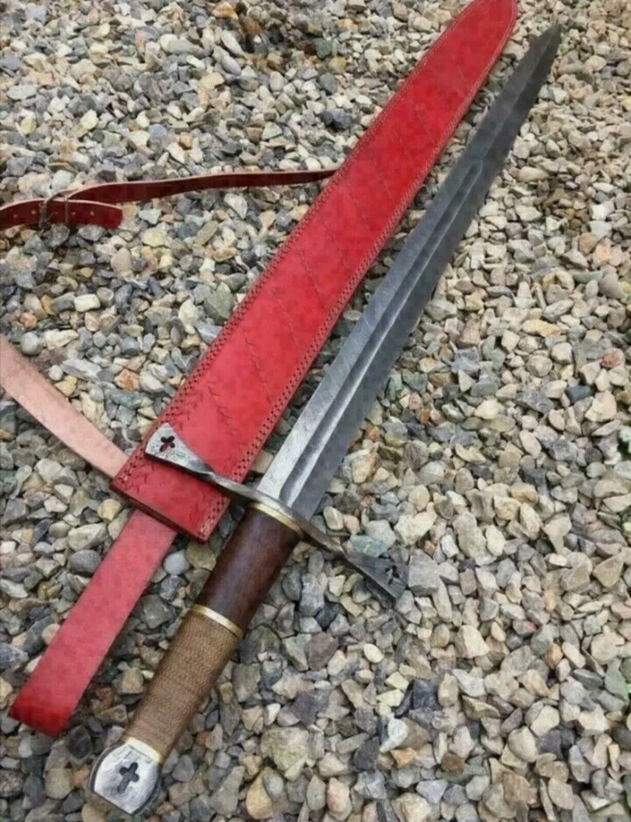 New Custom Handmade Damascus Steel Viking Christian Sword With Wooden Handle