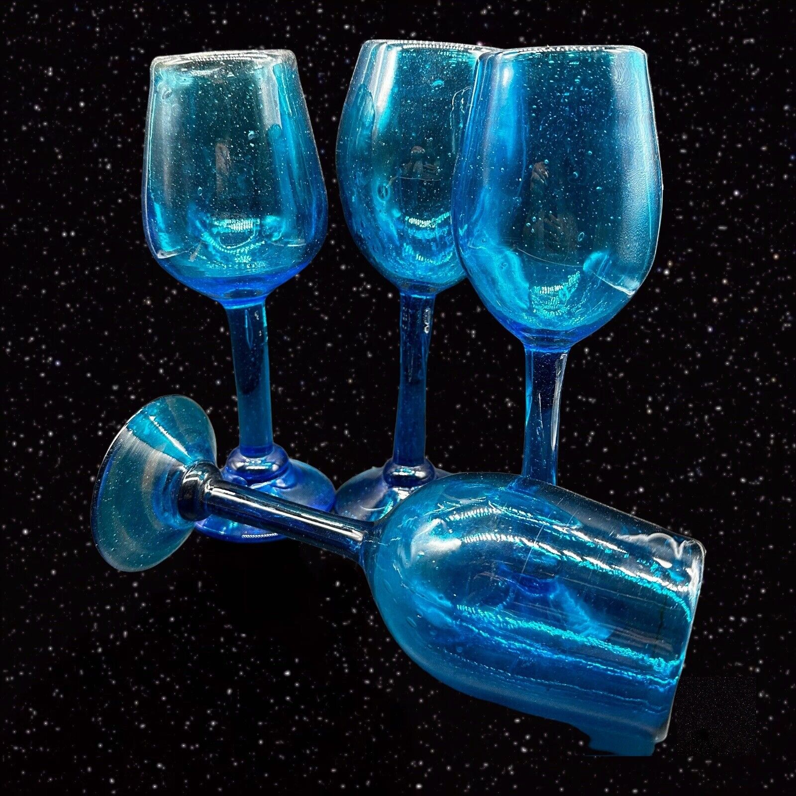Art Glass Hand Blown Controlled Bubble Wine Glasses 4 Pcs Set Goblet 9”T 2.5”W