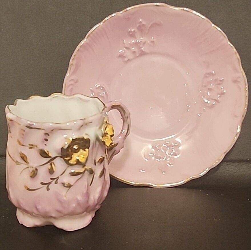 Antique Mini Pink Tea Cup And Saucer With Gold Roses