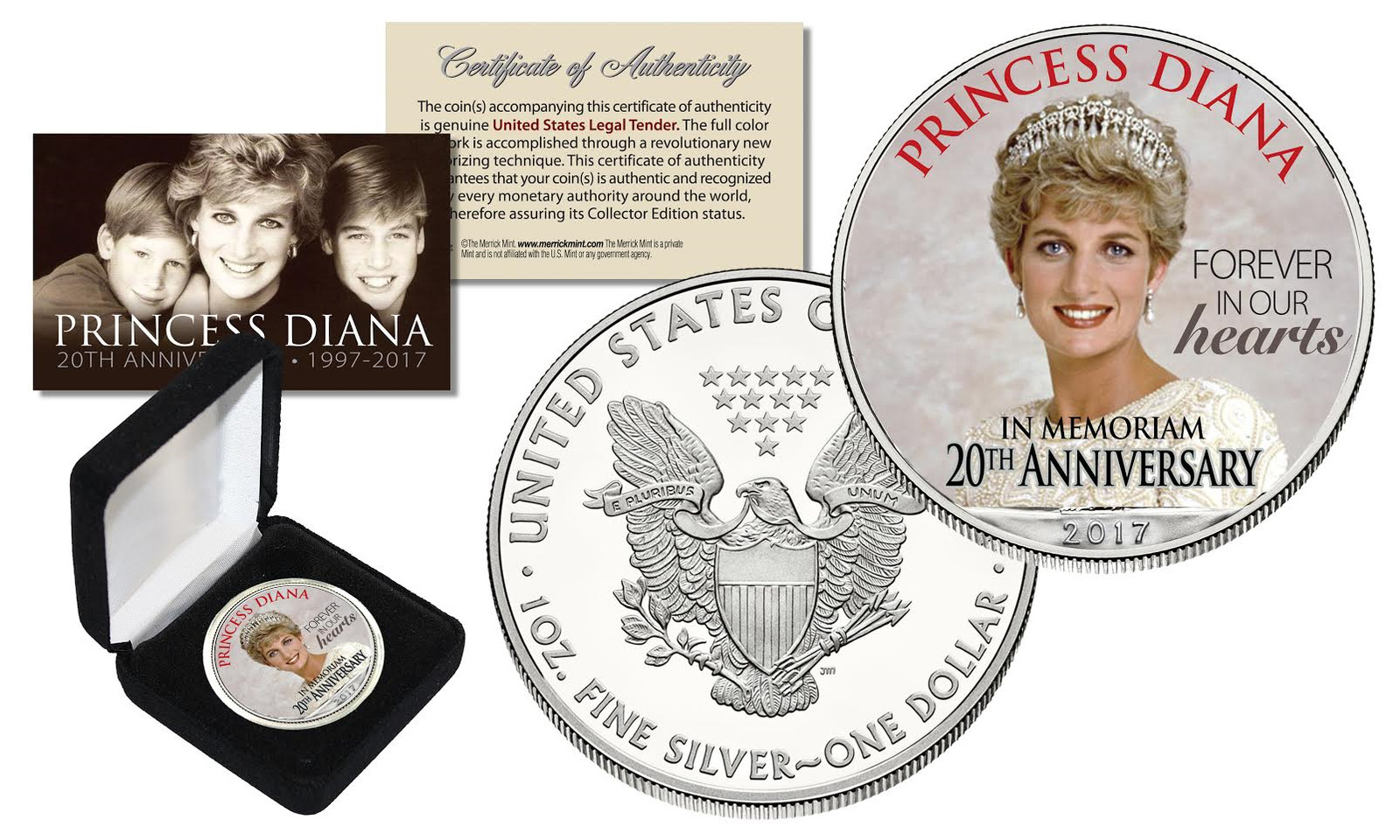 PRINCESS DIANA  20th Anniversary 1oz .999 SILVER AMERICAN EAGLE U.S. COIN w/BOX