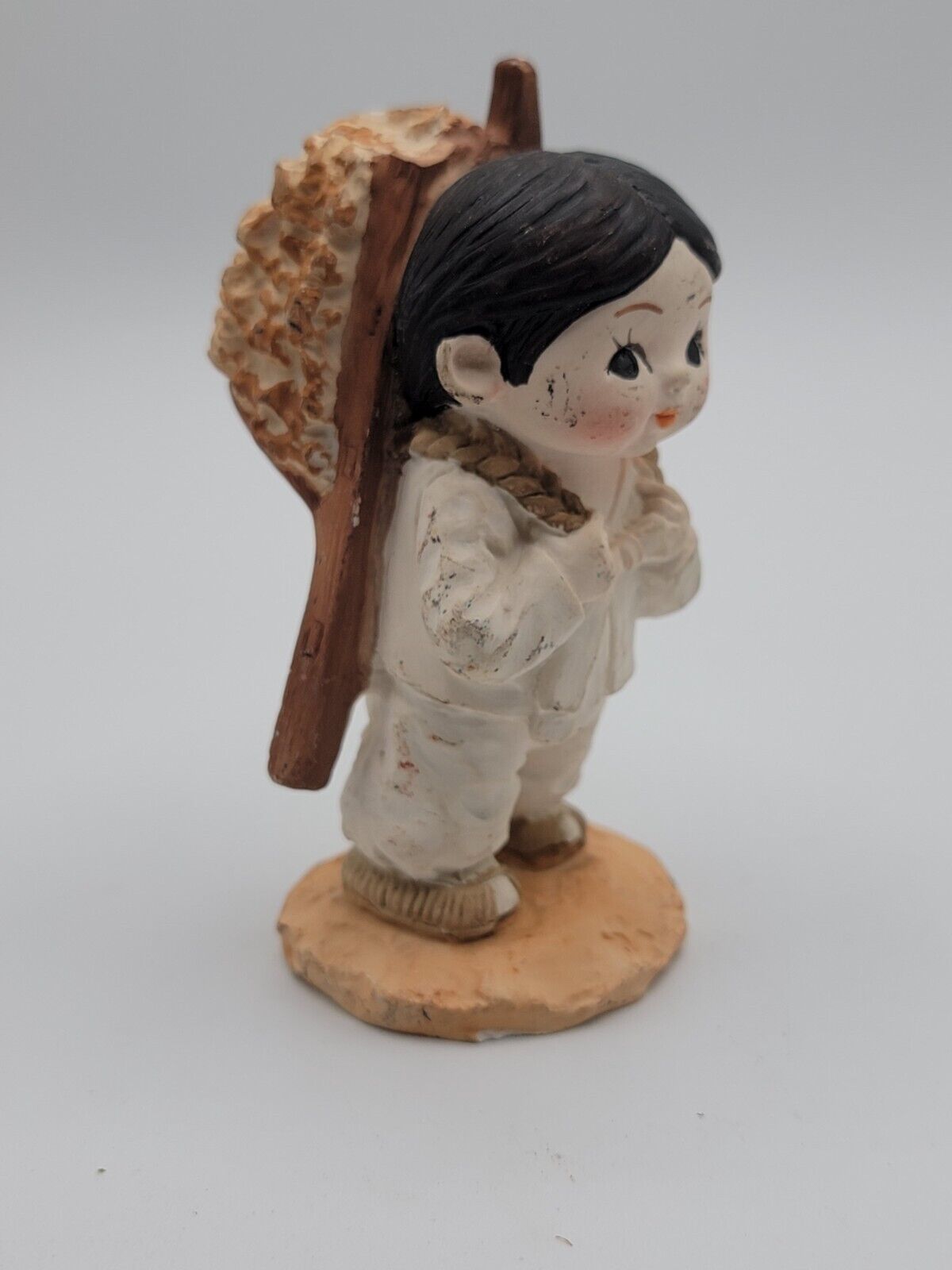Vintage Koreart Figurine Boy Carring Wood Traditional KOREAN Ceramic Figurine