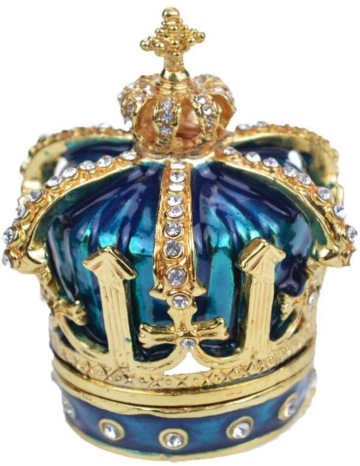 Bejeweled Crown Hinged Metal Enameled Rhinestone Trinket Box
