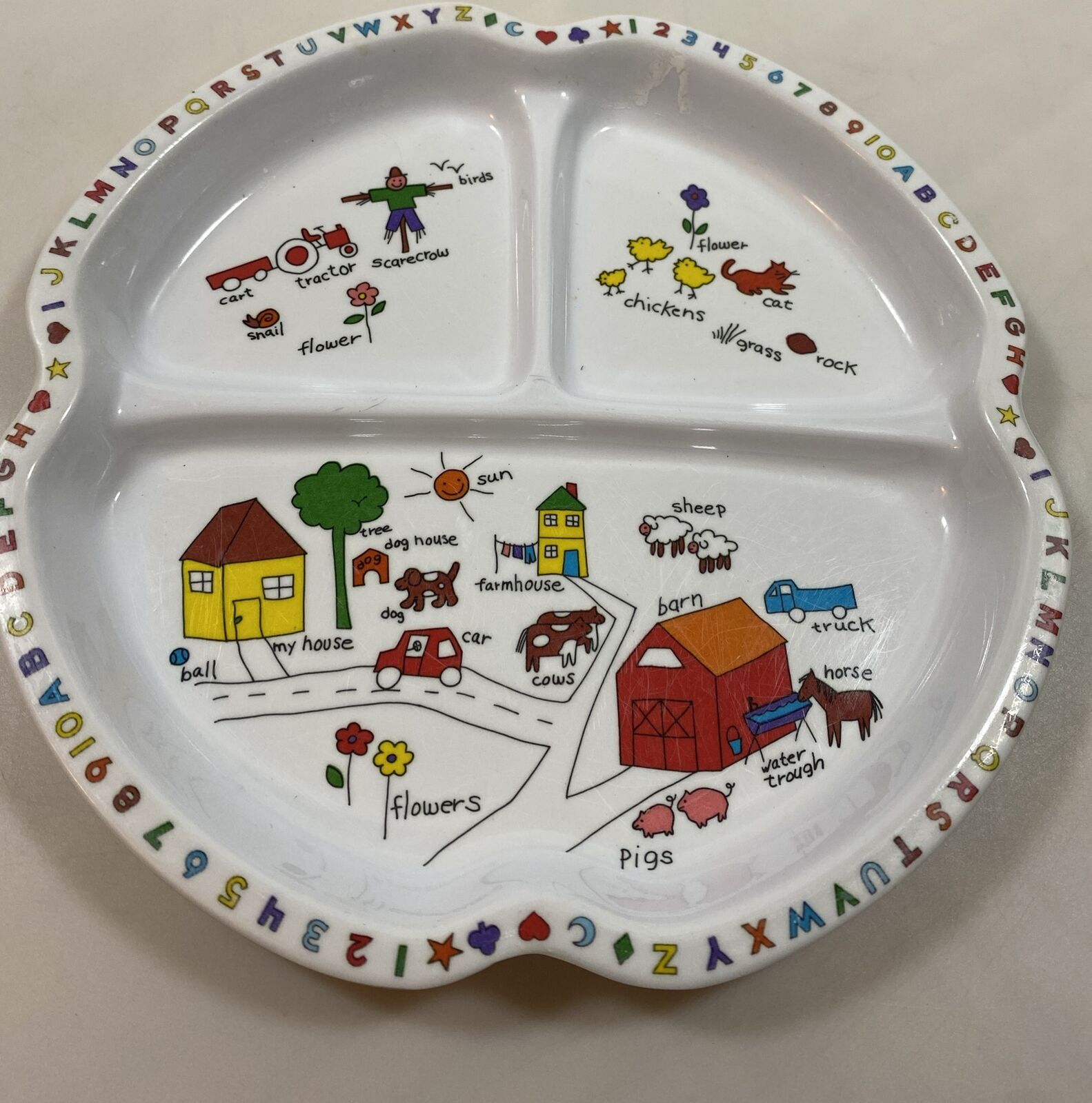 Vtg. Anacapa Melamine Ware 1987 Child\'s Divided ABC Numbers Farm Plate