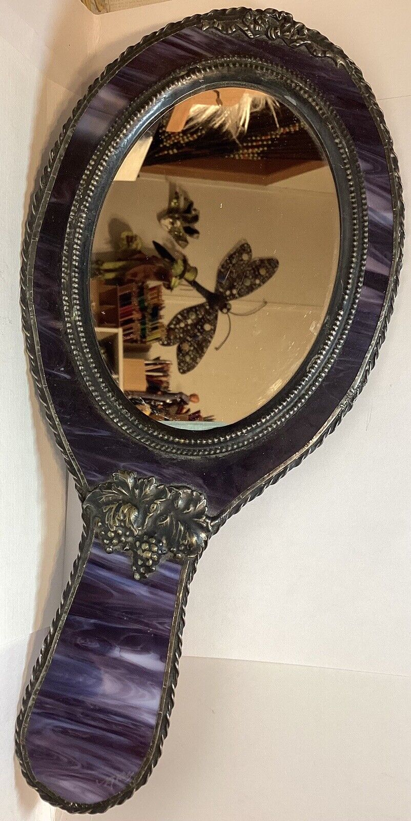 Antique Art Nouveau Rare Purple Slag Glass &Silver Vanity Hand Mirror Signed
